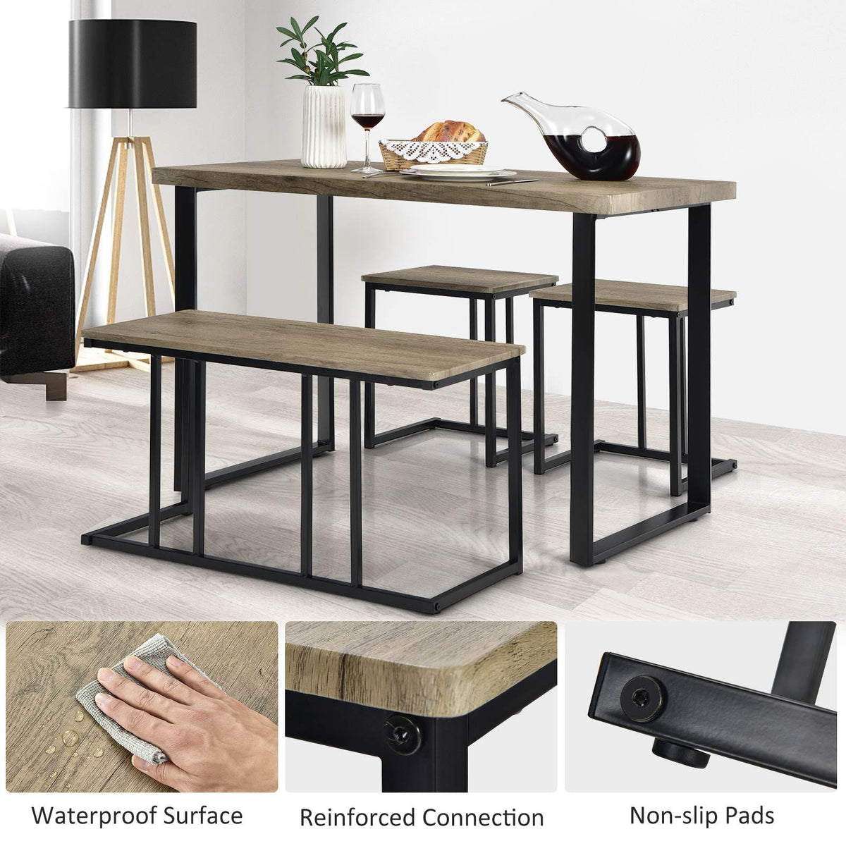 4 Piece Dining Table Set, Counter Height Table Set w/One Long Bench & Two Stools for 4