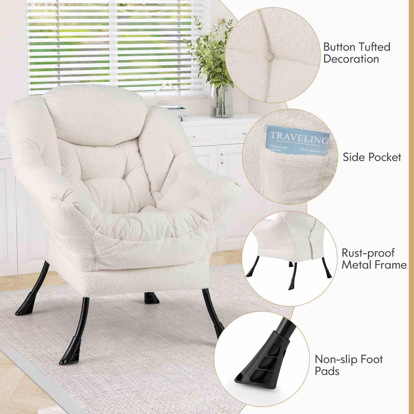 Large Lazy Chair, Sherpa Upholstered Accent Chair with Cozy Head Pillow, Stylish Tufted Back & Seat