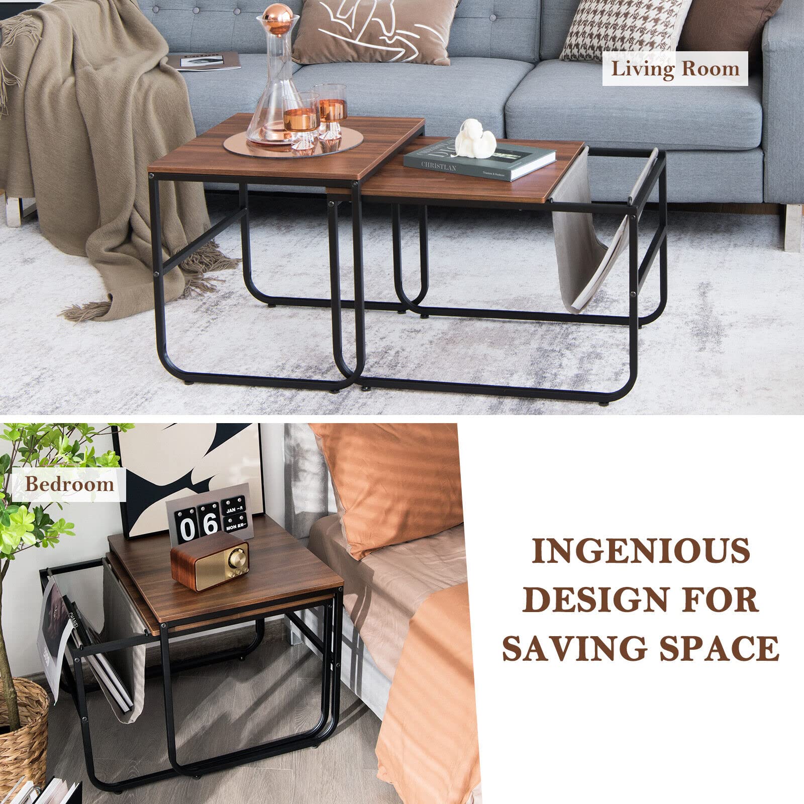 Giantex Nesting Coffee Table Set of 2, Stackable Side Table w/Magazine Holder, Rustic Brown