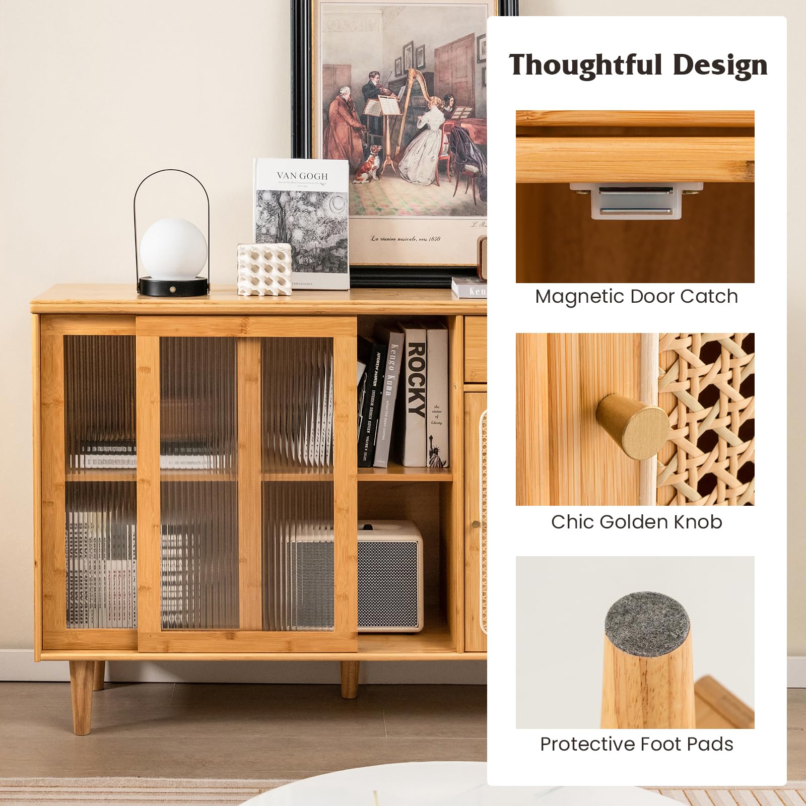 Giantex Buffet Sideboard, Mid Century Modern Bamboo Storage Cabinet w/Tempered Glass Sliding Doors