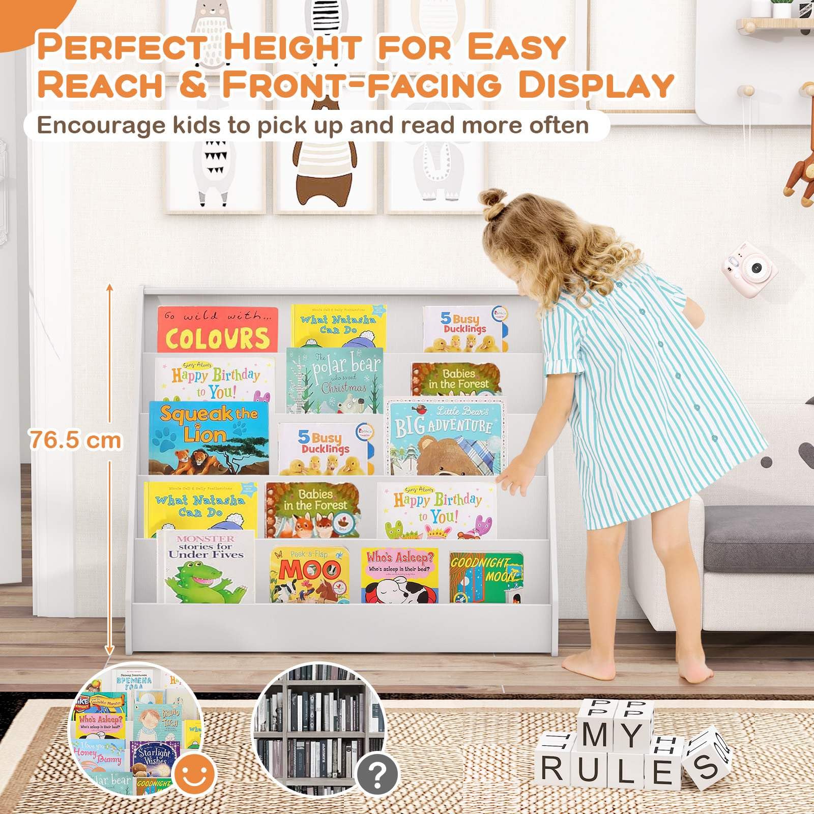 5 Tier Kids Bookshelf, Toddler Book Display Storage Shelves, Floor Toy Book Case Magazine Rack