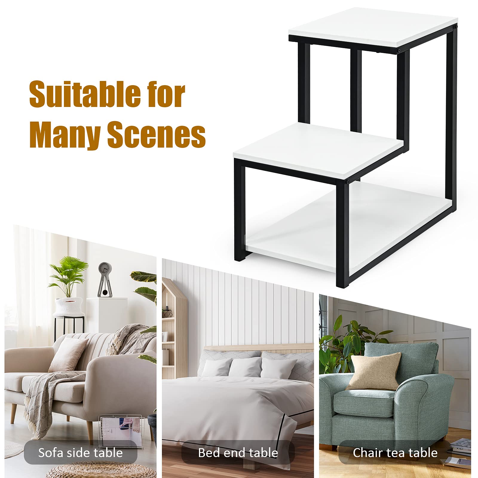 Bedside End Table, 3-Tier Side Table, 3 Storage Shelves, Space-Saving, Modern Sofa End Table Nightstand Unit