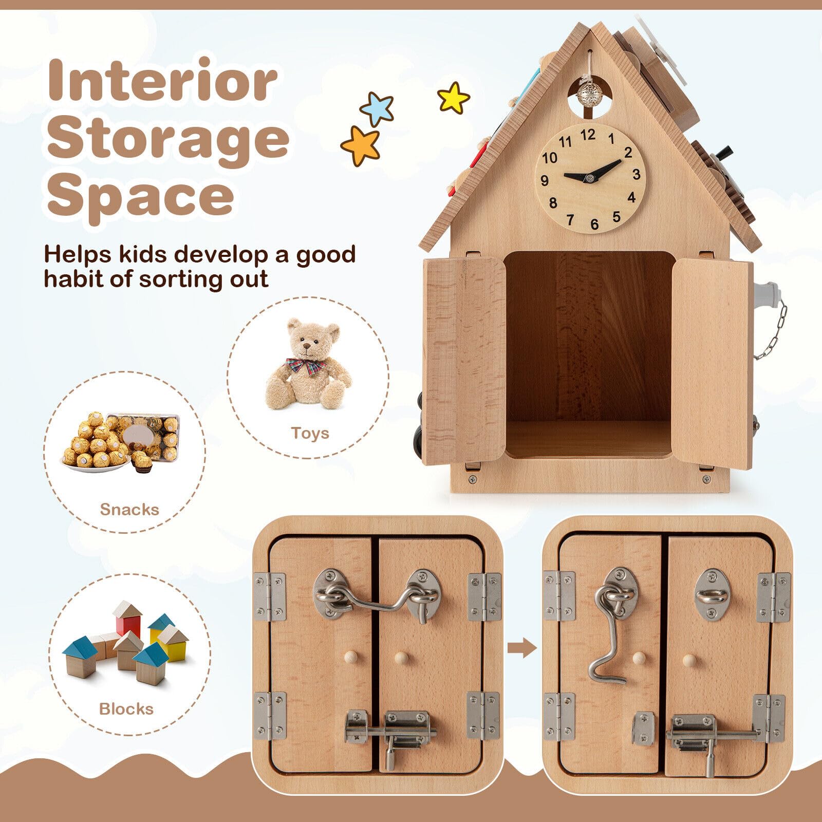 HONEY JOY Kids Montessori Busy House Toy, Wooden Multi-Purpose Play House w/Interior Storage Space
