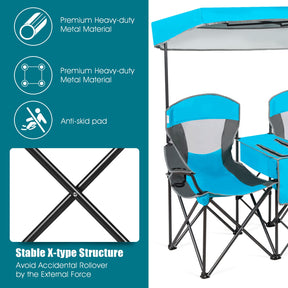 Double Folding Canopy Chair, Outdoor 2-Person Camping Seat with Adjustable Sun Shade