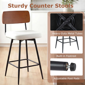 Padded Counter Barstools Set of 2, 360° Swiveling Counter Height Chairs with Wooden Backrest & Metal Legs