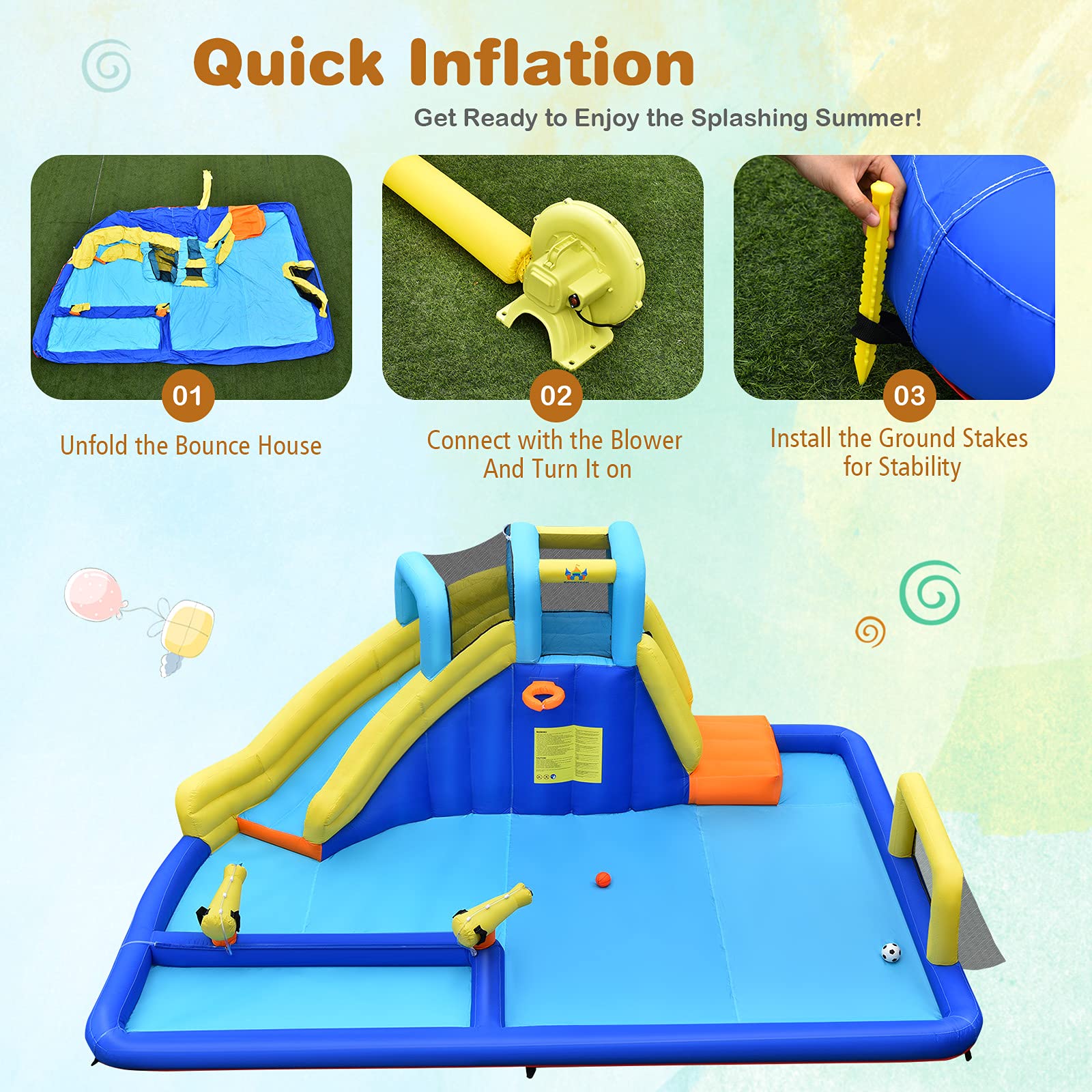 Inflatable Water Slide for Kids, 6-in-1 Kids Giant Water Park w/Large Water Soccer Splash Pool, Water Cannons