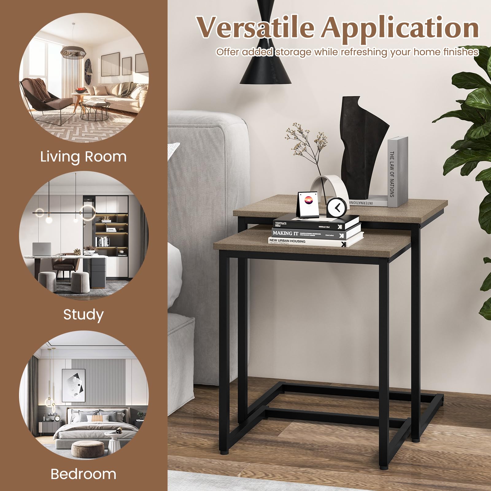Giantex Nesting End Table Set of 3, Rectangle Stacking Side Table with Wooden Top & Sturdy Metal Legs