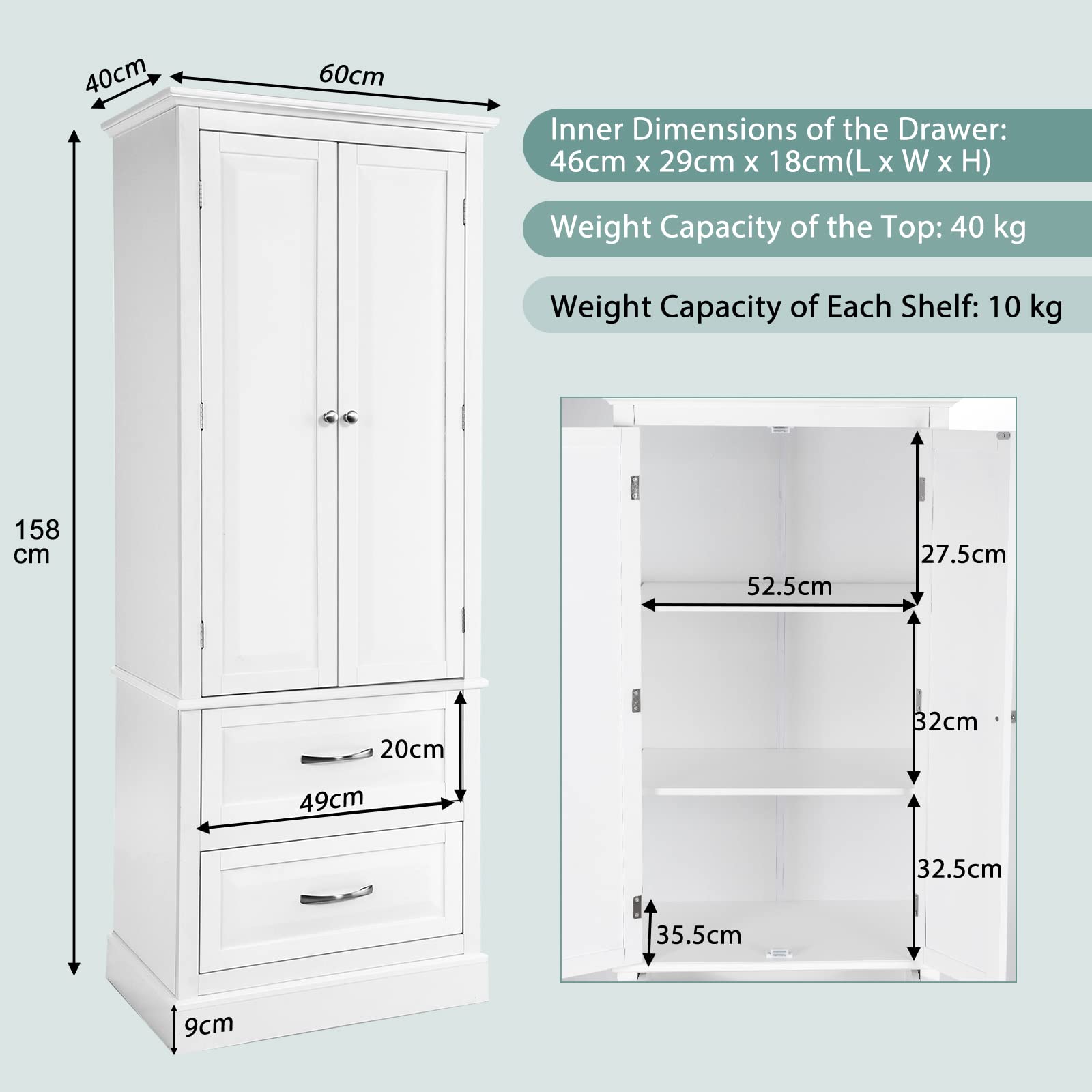 Giantex Kitchen Pantry Cabinet, 158cm Freestanding Floor Cupboard w/ 2-Door Cabinet & 2 Spacious Drawers, White