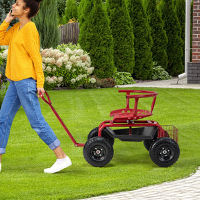 Rolling Garden Cart Scooter, Outdoor Heavy-Duty Gardening Cart w/ 26cm Tires, Swivel Seat