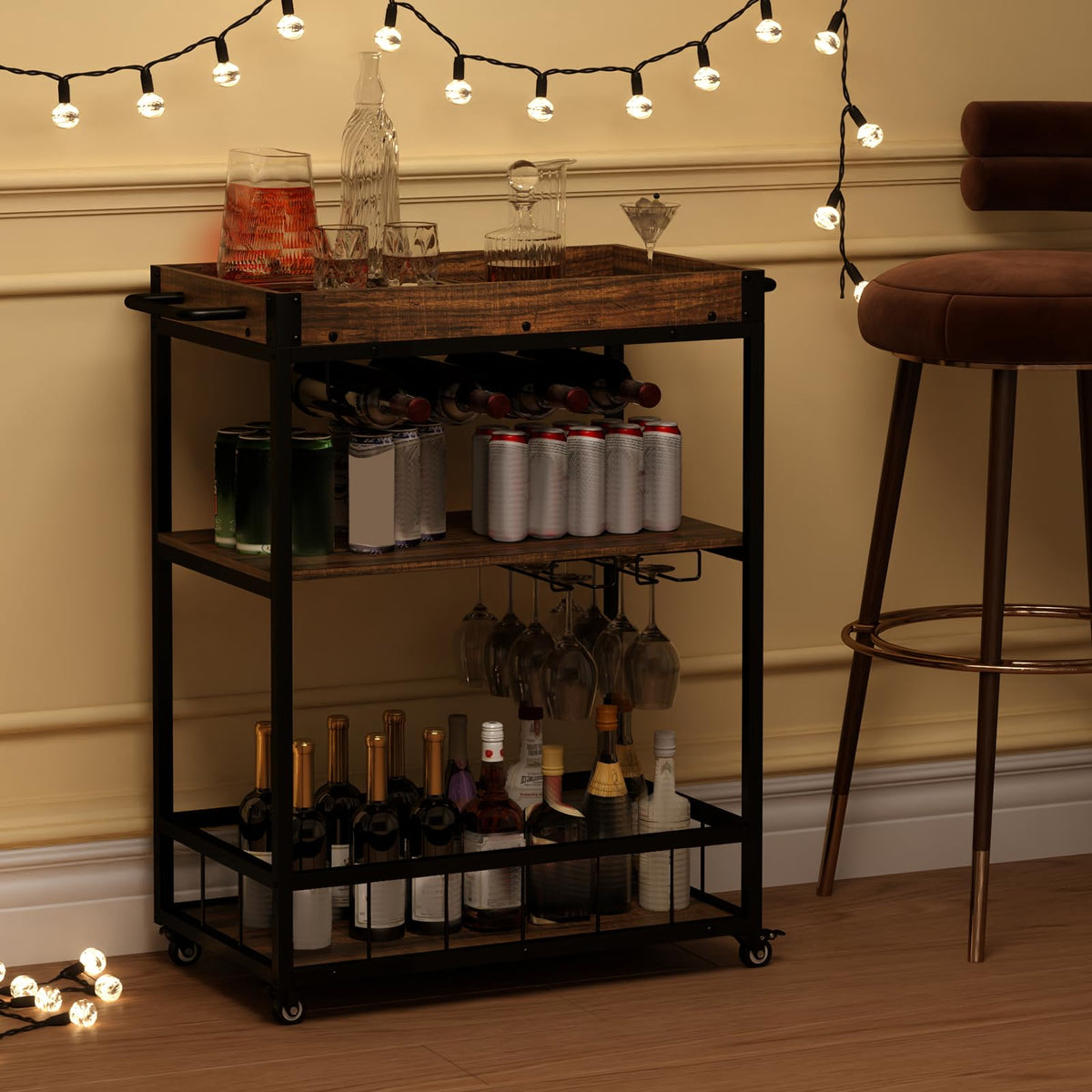 Rolling Bar Cart, Kitchen Serving Cart w/Removable Tray, Wine Rack and Glass Holder