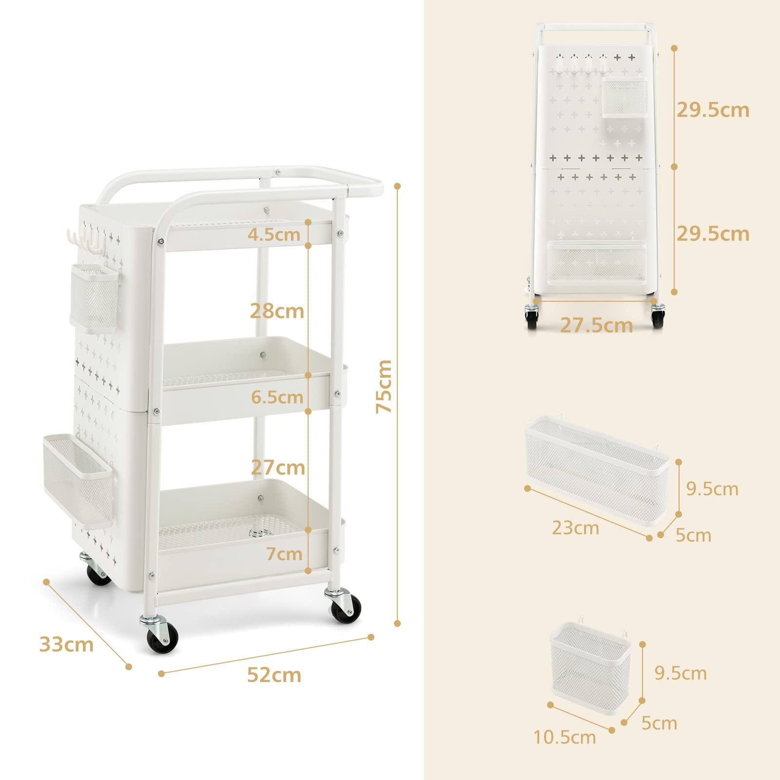 Giantax 3-Tier Rolling Cart, Utility Storage Organizer Cart w/ Dual DIY Pegboards, 2 Baskets