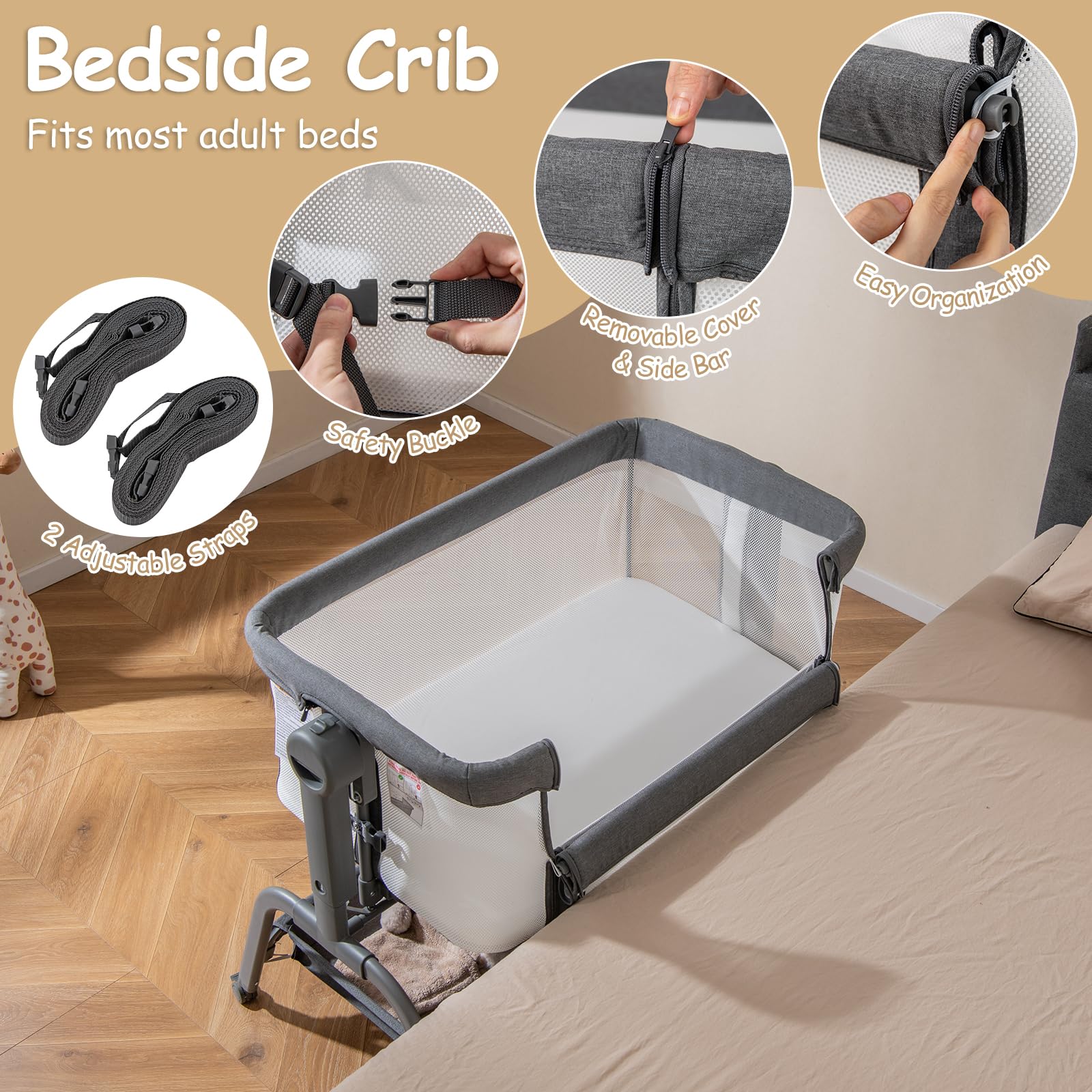 4 in 1 Rocking Baby Bassinet with 6 Adjustable Heights and Storage Basket