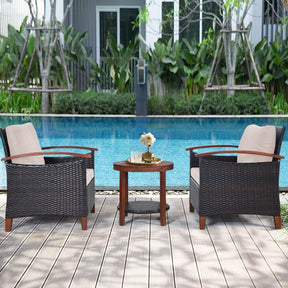 3 Piece Patio Sofa Set, 2 Rattan Chairs w/ 2-Tier Coffee Table