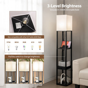 Modern Shelf Floor Lamp, Dimmable Standing Lamp Shelf w/ 1 Drawer & 1 USB Port