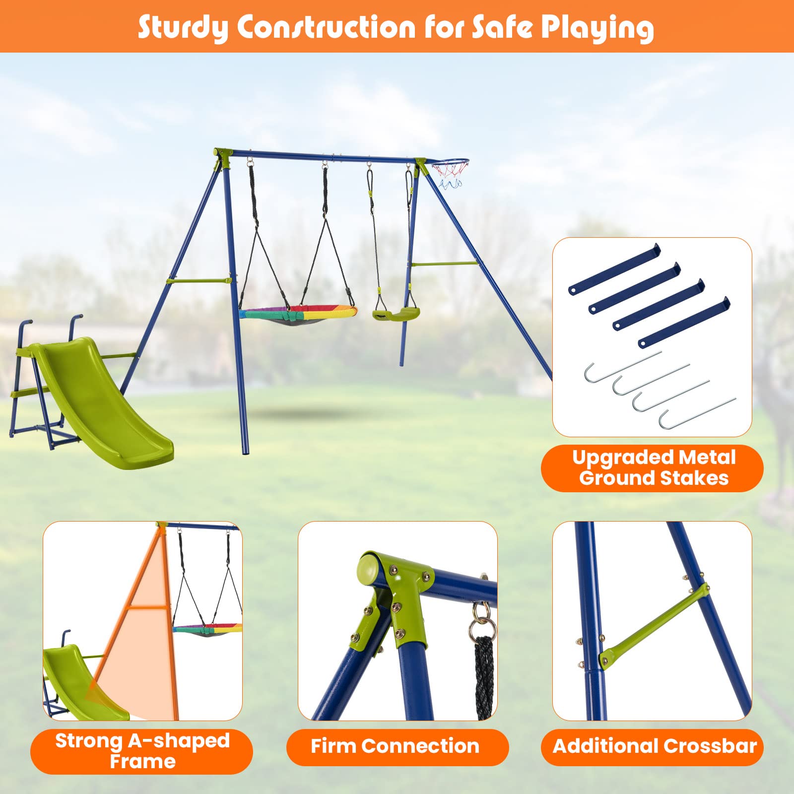 HONEY JOY 4-in-1 Swing Set, Heavy-Duty Metal Playset with Slide, Basketball Hoop