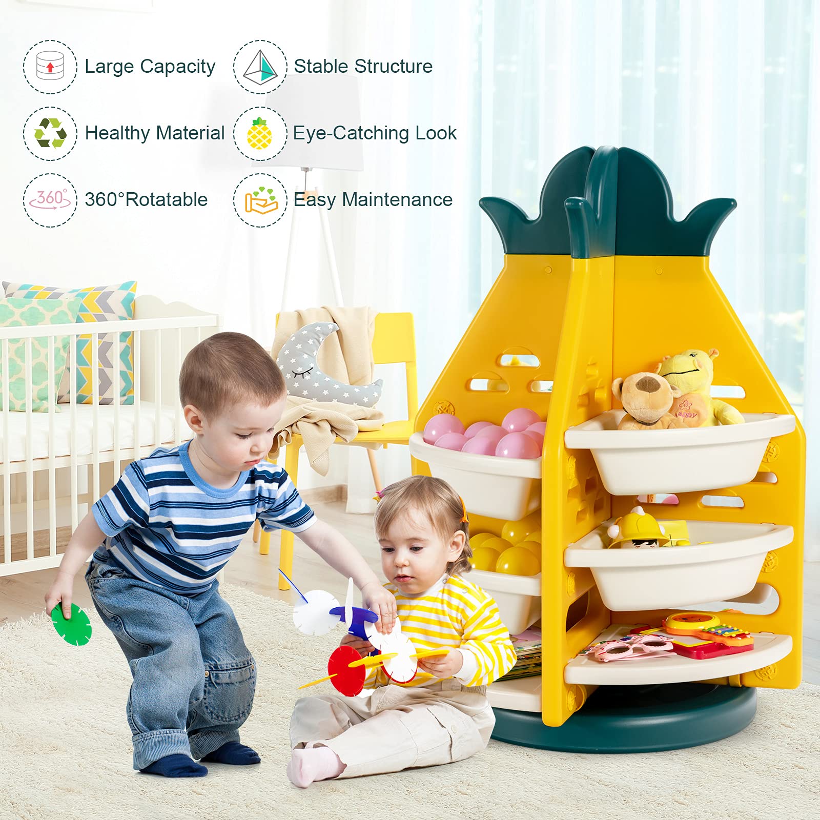 Kids Rotating Toy Storage Organizer, 3-Tier Pineapple Toy Shelf Bookcase w/ 8 Plastic Bins & 4 Shelves, 360°Revolving, Yellow & Green & White