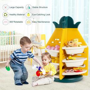 Kids Rotating Toy Storage Organizer, 3-Tier Pineapple Toy Shelf Bookcase w/ 8 Plastic Bins & 4 Shelves, 360°Revolving, Yellow & Green & White