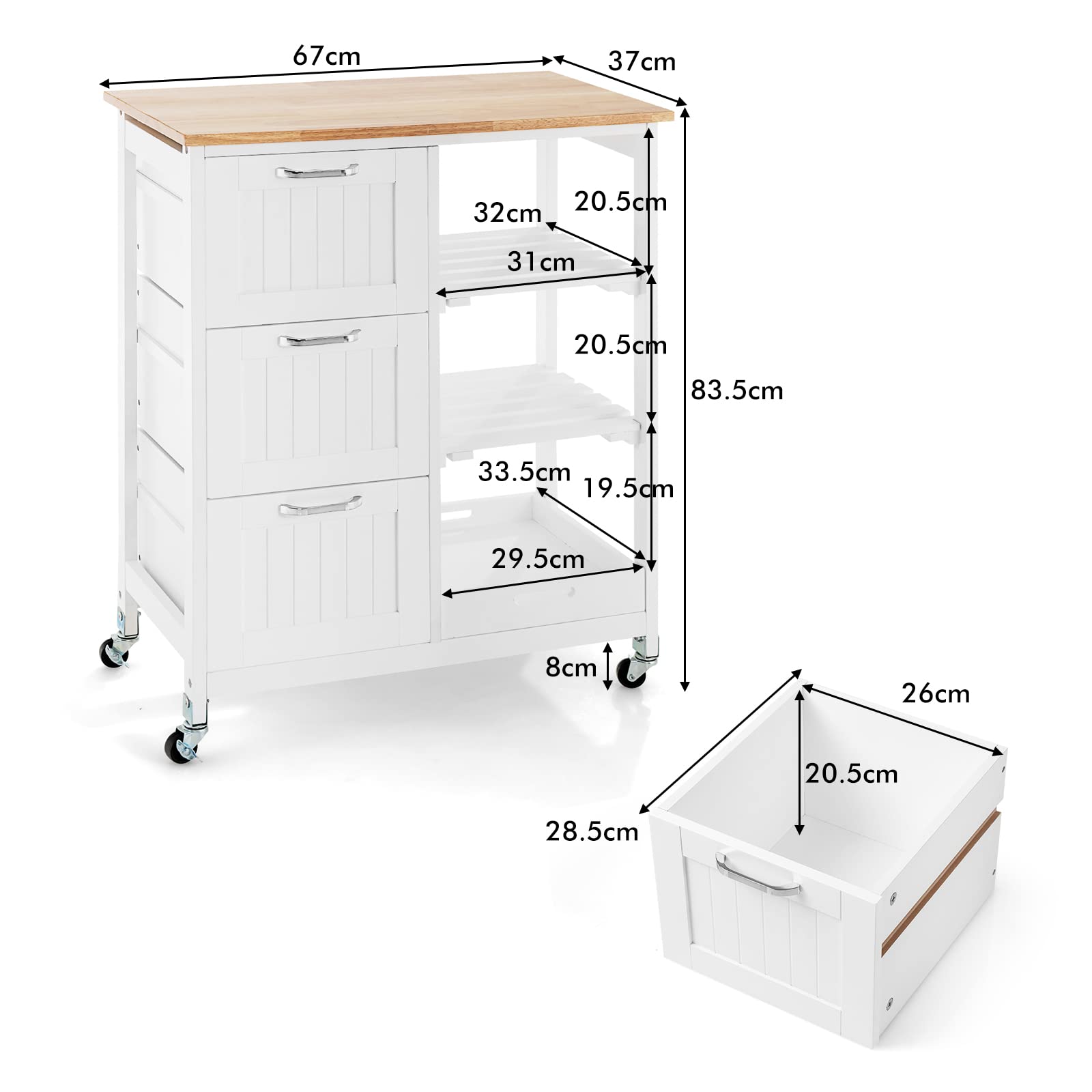 Giantex Kitchen Island on Wheel with Storage, Multi-purpose Rolling Cart w/ Rubber Wood Countertop, 3 Drawers