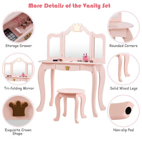 Kids Vanity Dressing Table Stool Set, Children Makeup Table Set, 2 In 1 Kids Dresser for Kids Room