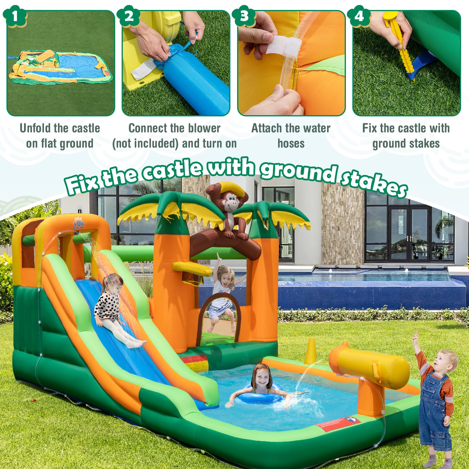 Inflatable Water Slide, 7-in-1 Bounce House Water Park, Kids Indoor Outdoor Jumping Castle (without 680W Blower)