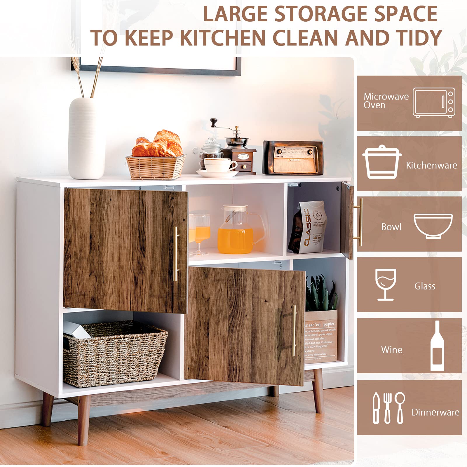 Sideboard Storage Cabinet W/3 Storage Compartments & 3 Doors & Wood Legs (White & Coffee)
