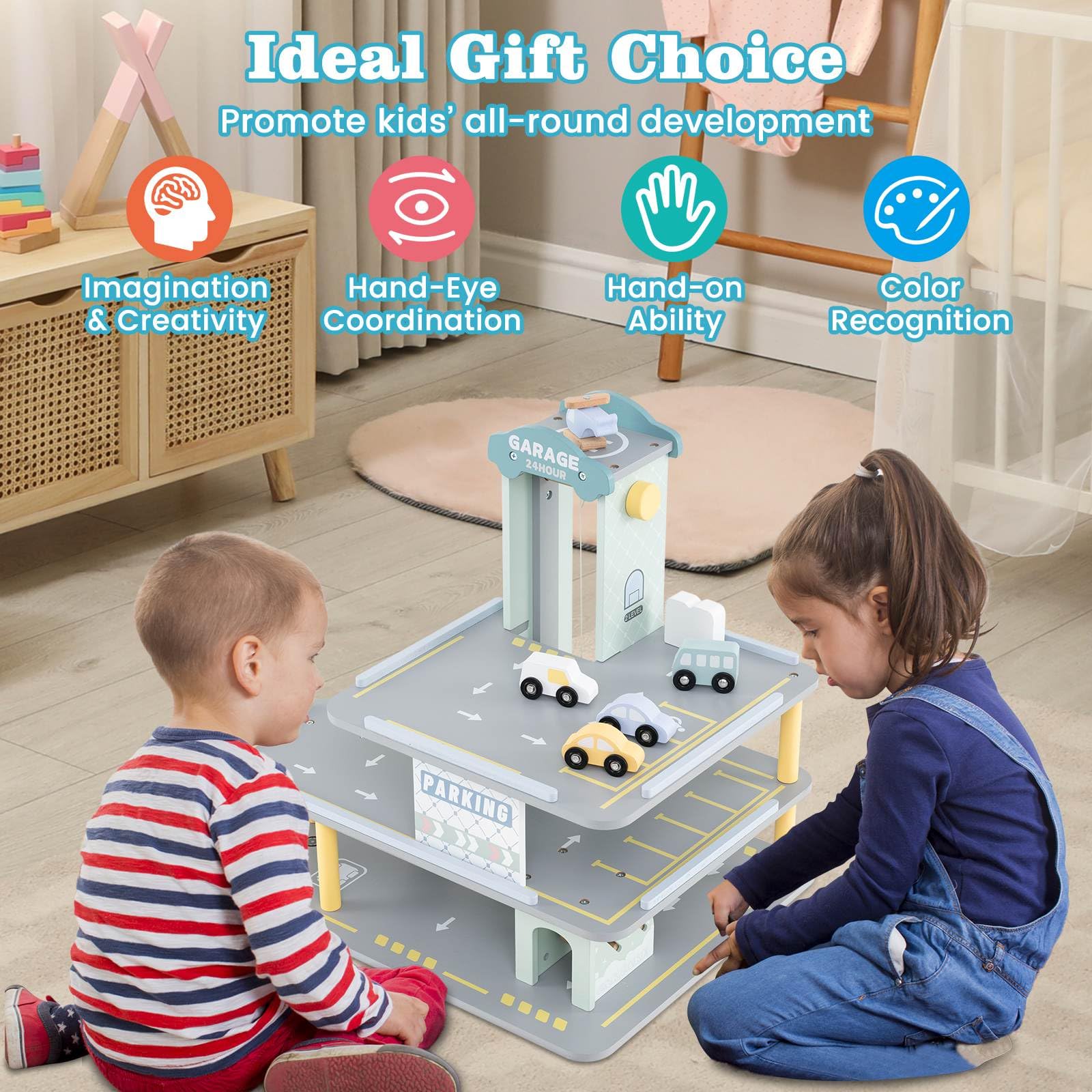 3-Tier Wooden Garage Playset, Pretend Play Parking Lot w/Working Elevator, Helipad, Ramp, Car Wash Center, Charging & Gas Station