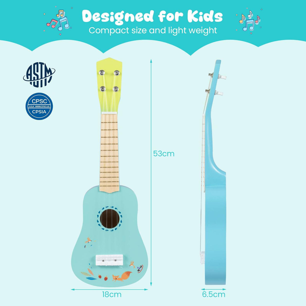 21'' Ukulele Guitar for Kids, 4 Strings Mini Ukulele with Basswood Body for 3+ Years Old, Musical Instruments Educational Toy for Toddlers, Boys, Girls, Beginners, Light Blue