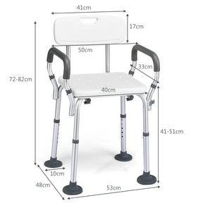 Non-Slip Height Adjustable Shower Chair with Removable Back and Padded Arms