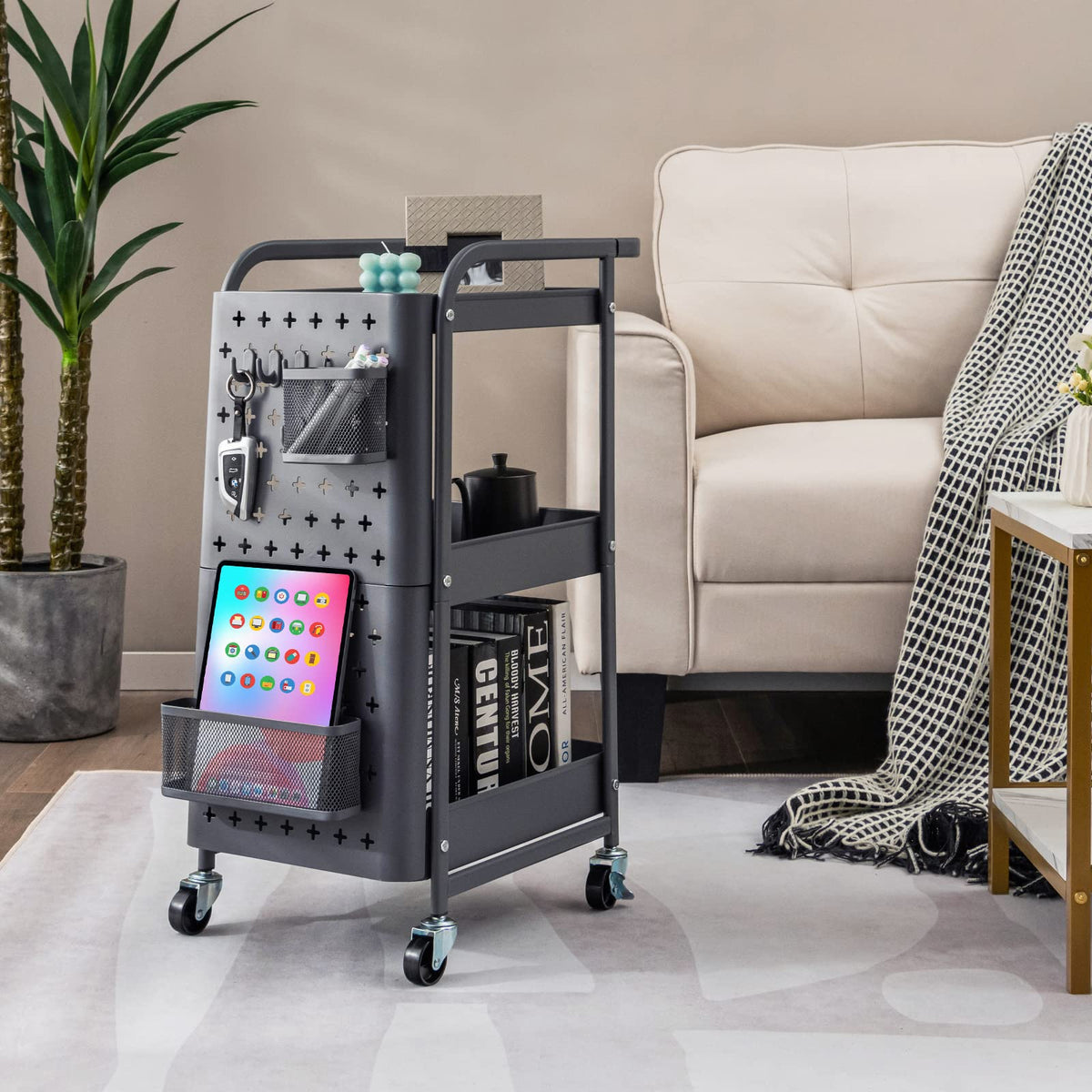 3-Tier Rolling Cart, Storage Trolley Organizer w/DIY Dual Pegboards, 2 Baskets, 4 Removable Hooks