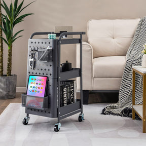 3-Tier Rolling Cart, Storage Trolley Organizer w/DIY Dual Pegboards, 2 Baskets, 4 Removable Hooks