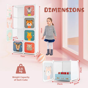 Children 8-Cube Wardrobe, Baby Dresser Kids Armoire w/Doors, Cute Cartoon Animal Patterns