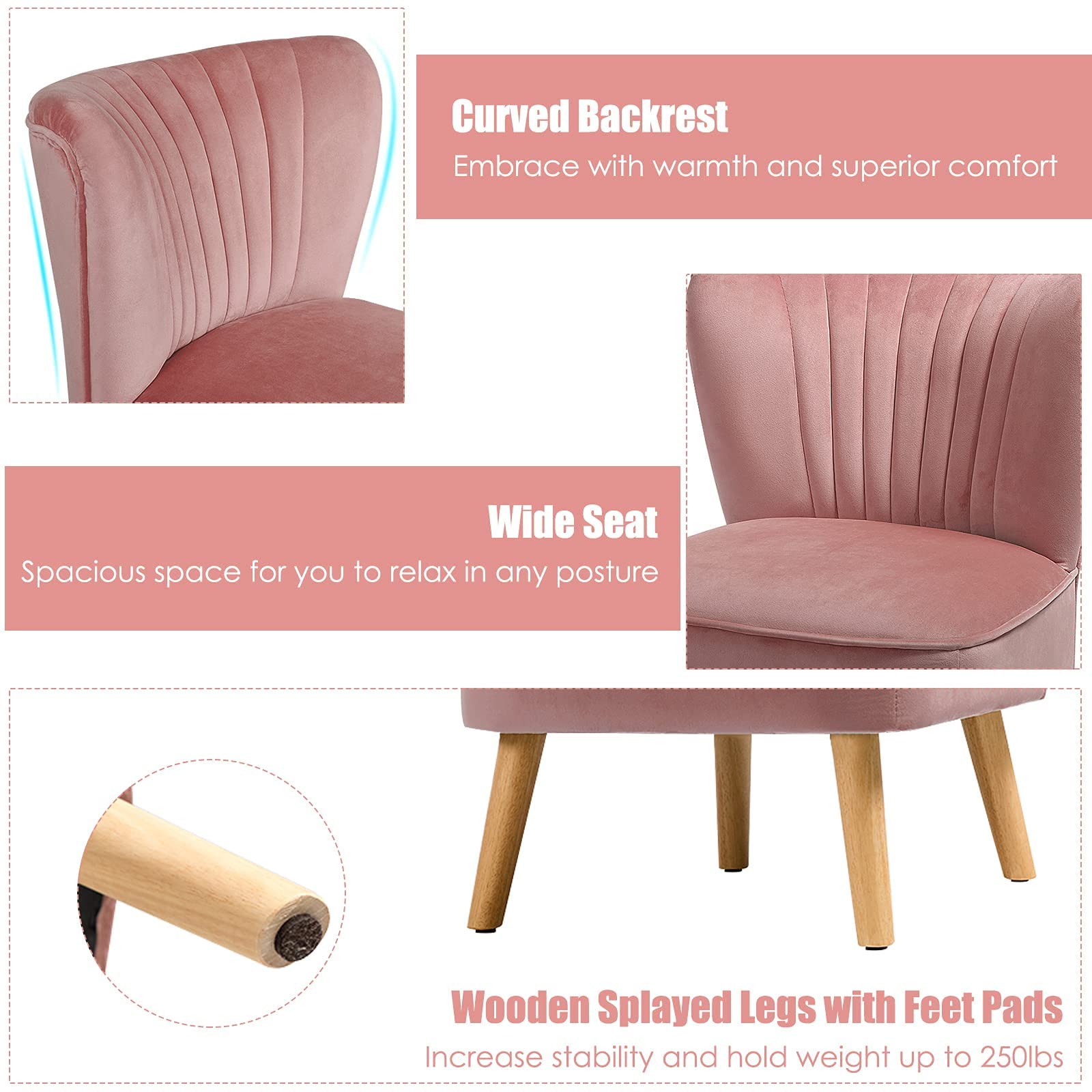 Modern Accent Velvet Chair, Armless Home Office Desk Chair, w/ Thick Padded Seat