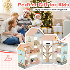 Wooden Corner Dollhouse Playset with 34 Pieces of Furniture and Accessories