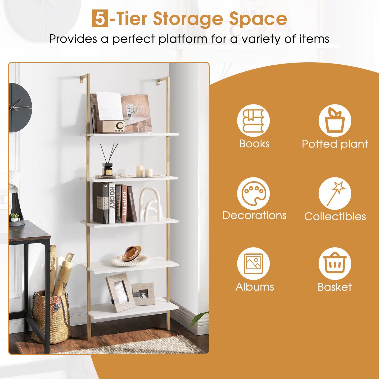 Giantex 5-Tier Ladder Shelf, Wall Mounted Bookshelf with Steel Frame, Elegant Bookcase