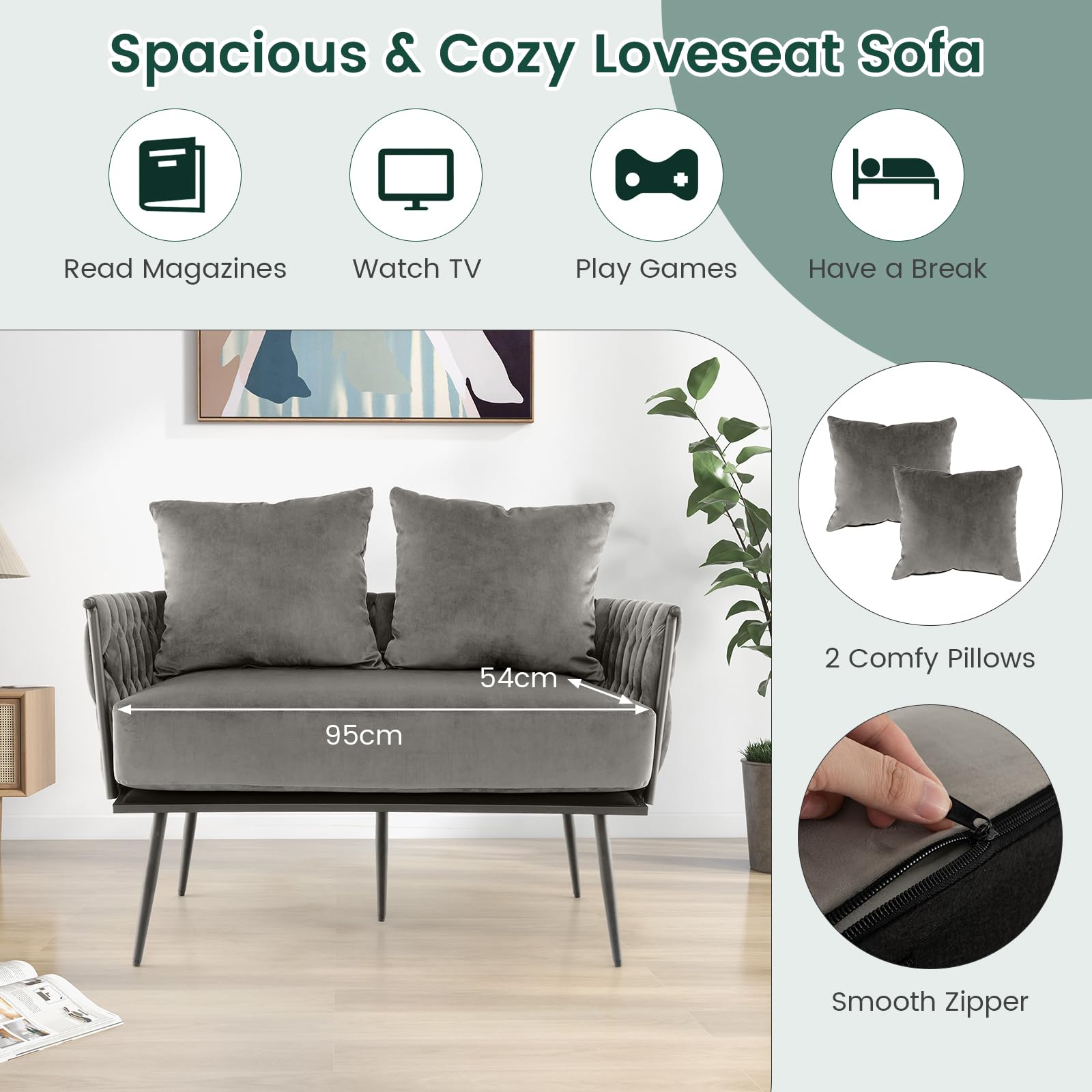 Giantex Modern Loveseat Sofa, Upholstered Dutch Velvet Sofa Couch