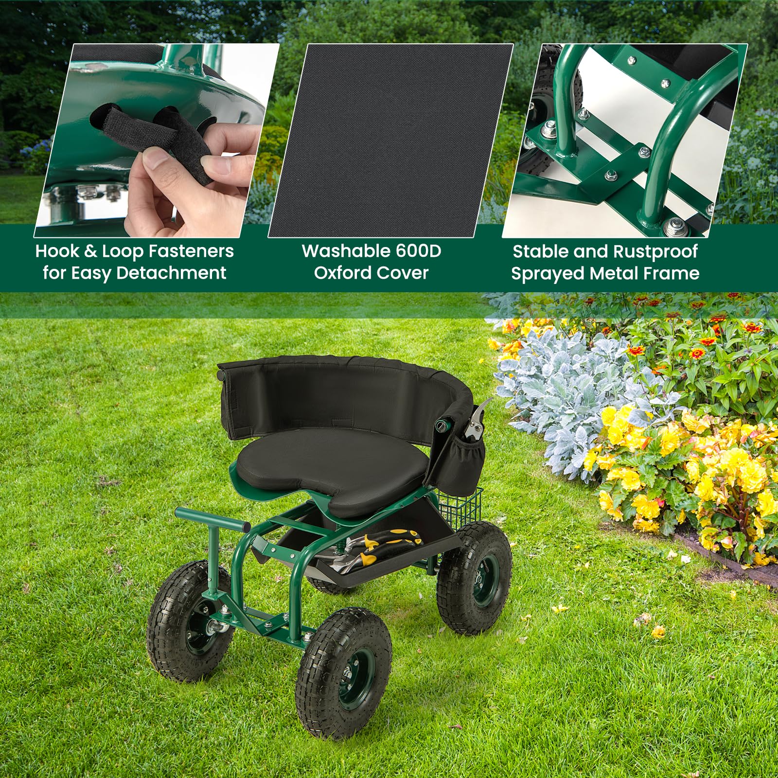 Rolling Garden Cart, Garden Scooter with Seat & Tool Storage, 2 Steering Handles