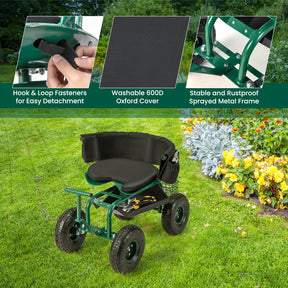 Rolling Garden Cart, Garden Scooter with Seat & Tool Storage, 2 Steering Handles