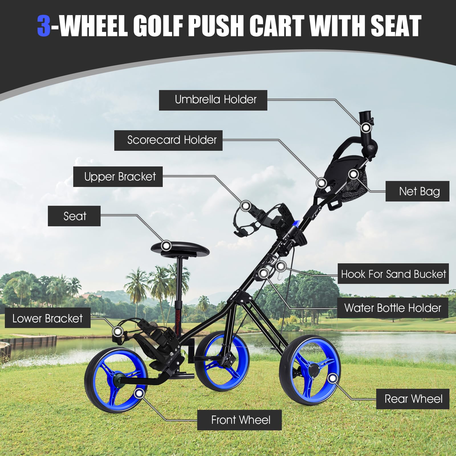 3-Wheel Folding Golf Push Cart, Multifunctional Push Pull Golf Trolley with Adjustable Handle
