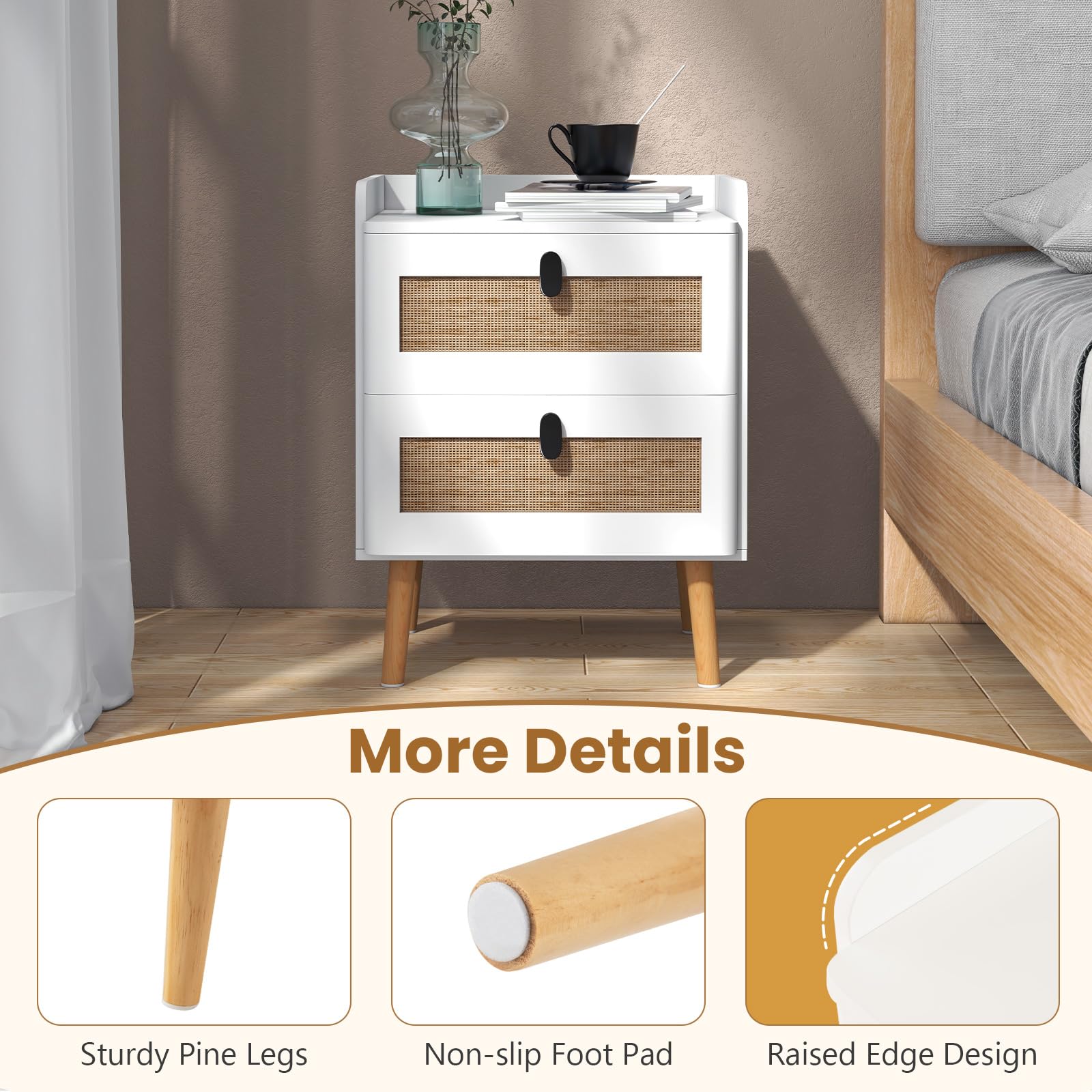 Modern End Table Bedside Table with 2 Rattan Decorated Drawers for Small Spaces