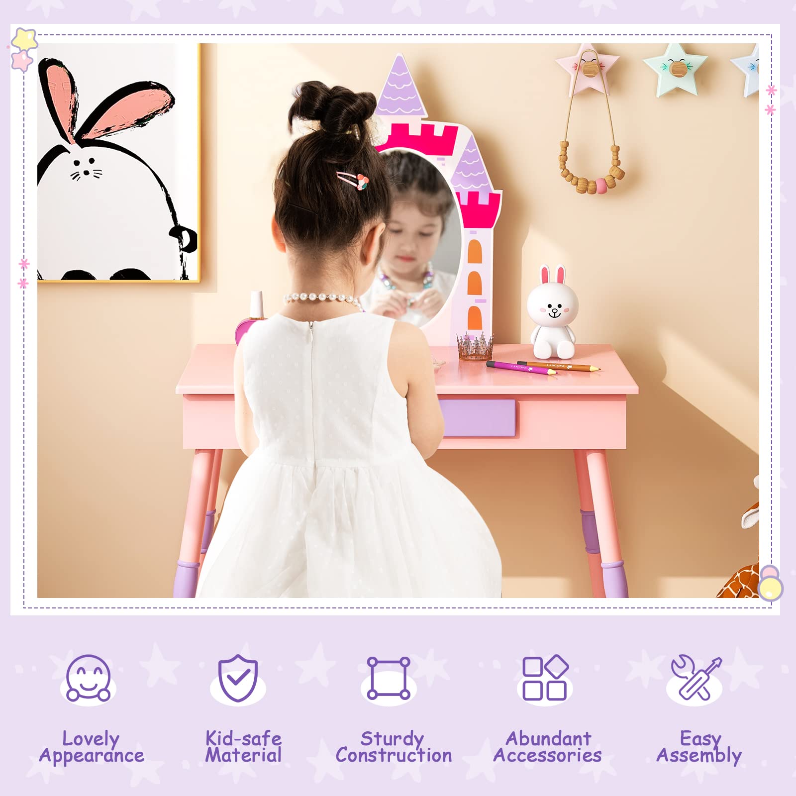HONEY JOY Kids Vanity Set, Dressing Table for Children with Mirror and Stool, Princess Makeup Table