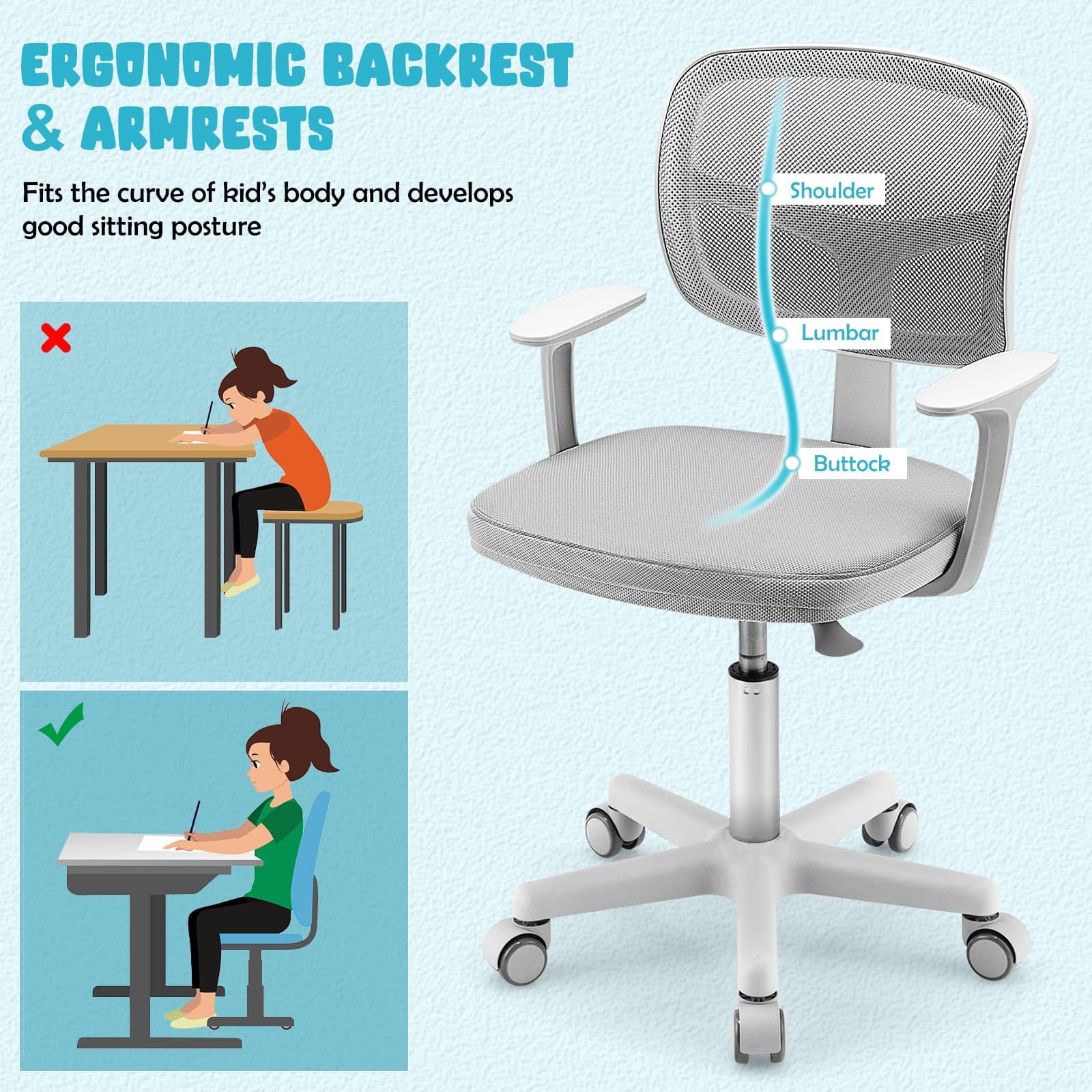 Children Study Computer Chair with Adjustable Height, Lumbar Support for Home, School, Office