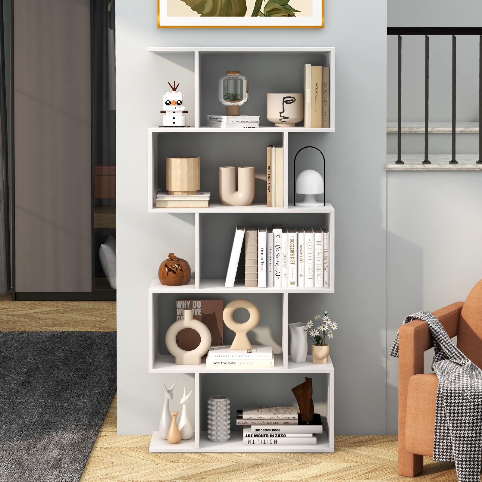 Giantex 5-Tier Bookshelf Geometric S-Shaped Bookcase w/Anti-Toppling Device