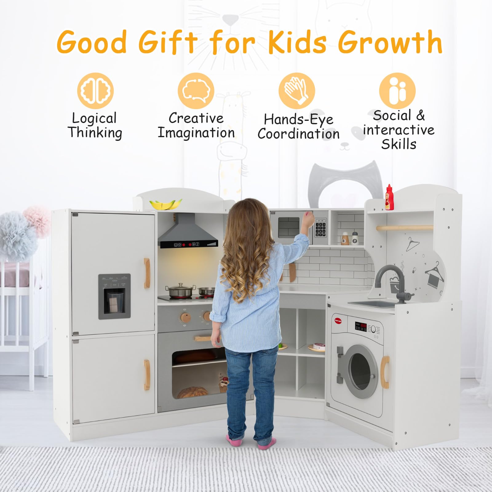 Corner Play Kitchen, Toddler Kitchen Playset with Range Hood, Ice Maker, Microwave, Oven, Sink, Washing Machine