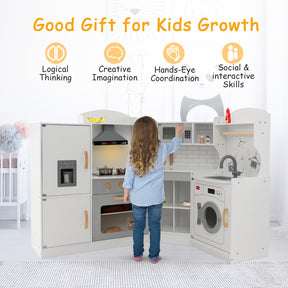 Corner Play Kitchen, Toddler Kitchen Playset with Range Hood, Ice Maker, Microwave, Oven, Sink, Washing Machine
