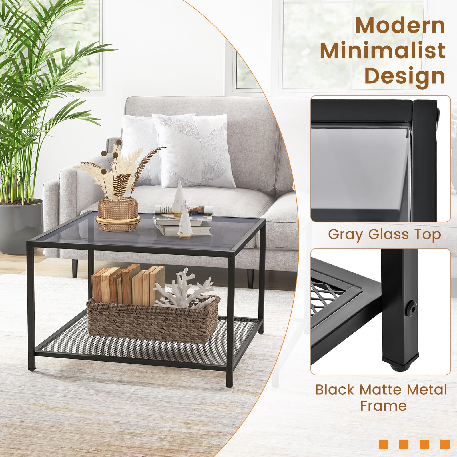 Giantex Glass Coffee Table with Storage, 70cm Modern 2-Tier Square Coffee Table with Mesh Shelf