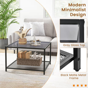 Giantex Glass Coffee Table with Storage, 70cm Modern 2-Tier Square Coffee Table with Mesh Shelf
