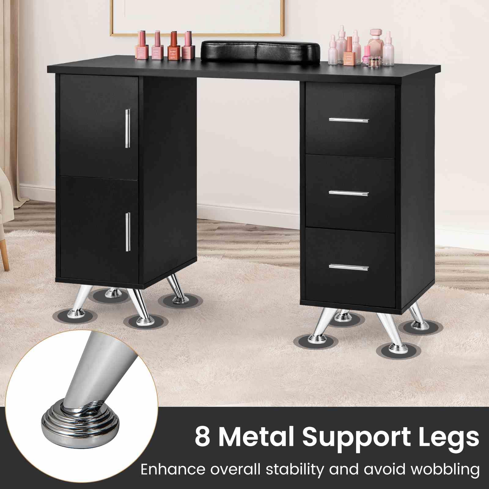 Manicure Table Nail Desk with Drawers, Wrist Rest, Metal Legs, Nail Tech Station