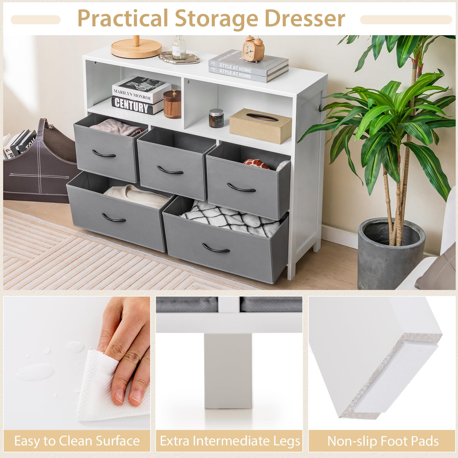 Giantex Fabric Dresser for Bedroom, Wide Chest of Drawers w/ 5 Drawers