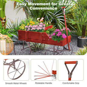 24.5" x 13.5" x 24"  Wooden Wagon Planter, Decorative Garden Planter Box with 2 Planting Sections, Wheels, Handle, Small Decorated Cart