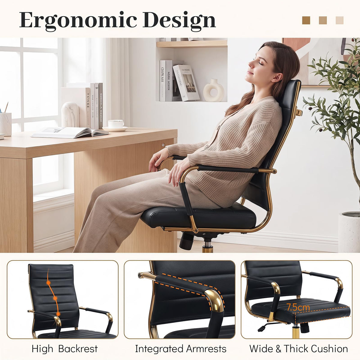 White and Gold Office Chair, Ribbed PU Leather Computer Desk Chair with Armrests & Reclining Backrest